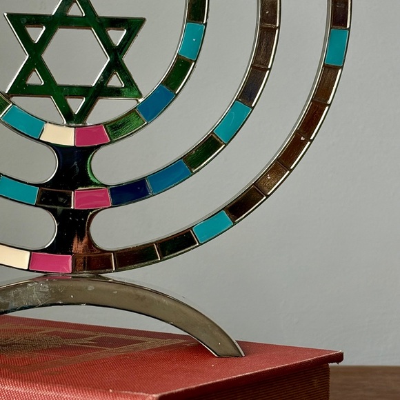 Silver-Tone Enamel Menorah with Multicolor Inlays - Picture 7 of 15
